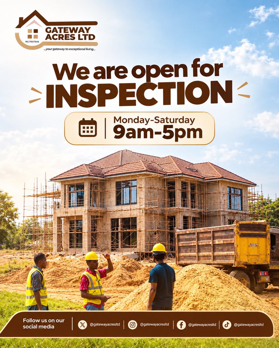 GatewayAcresltd's tweet photo. We Are Open for Inspection!

Visit any of our premium estate locations and experience the future of exceptional living firsthand.

🗓 Monday – Saturday
⏰ 9:00 AM – 5:00 PM

Let us guide you to the right investment opportunity. Your dream property is just one inspection away. https://t.co/Viv54GB9Xo