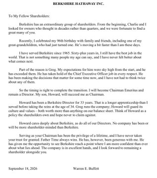 BiiinDollarSign's tweet photo. الأسطورة وران بافيت يترك منصب رئيس مجلس إدارة Berkshire Hathaway 
$BRK.B
 ويعيّن ابنه Howard Buffett كرئيس (وهو عضو في المجلس منذ 1993)

رسالته للمساهمين اليوم: 

"الزمن ينتصر دائماً، لكنه كان كريماً معي"

"خدمت Berkshire منذ 1965. وبعد ستين سنة، ما زلت أملك أفضل وظيفة في العالم" https://t.co/Pz0SHpEgYZ