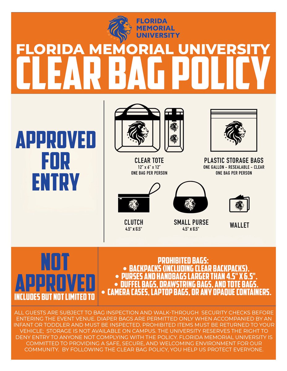 GoFmuLions's tweet photo. Here is some information about our bag policy and purchasing tickets for today’s @fmulionsfb home opener!
#fmu #hbcu #TheSunStandard #ItsOurTime #HometownHBCU 🦁🏈 https://t.co/mEcGyUVghh