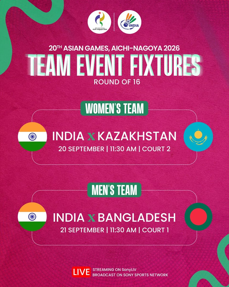 BAI_Media's tweet photo. Mark your calendars! 🗓️ 

Here are the upcoming team event fixtures for India at the Asian Games 2026 in Aichi-Nagoya, Japan.

Live broadcast on Sony Sports Network &amp; streaming on Sony LIV. Back the blues! 🇮🇳✨ https://t.co/IX1rCcCOSc