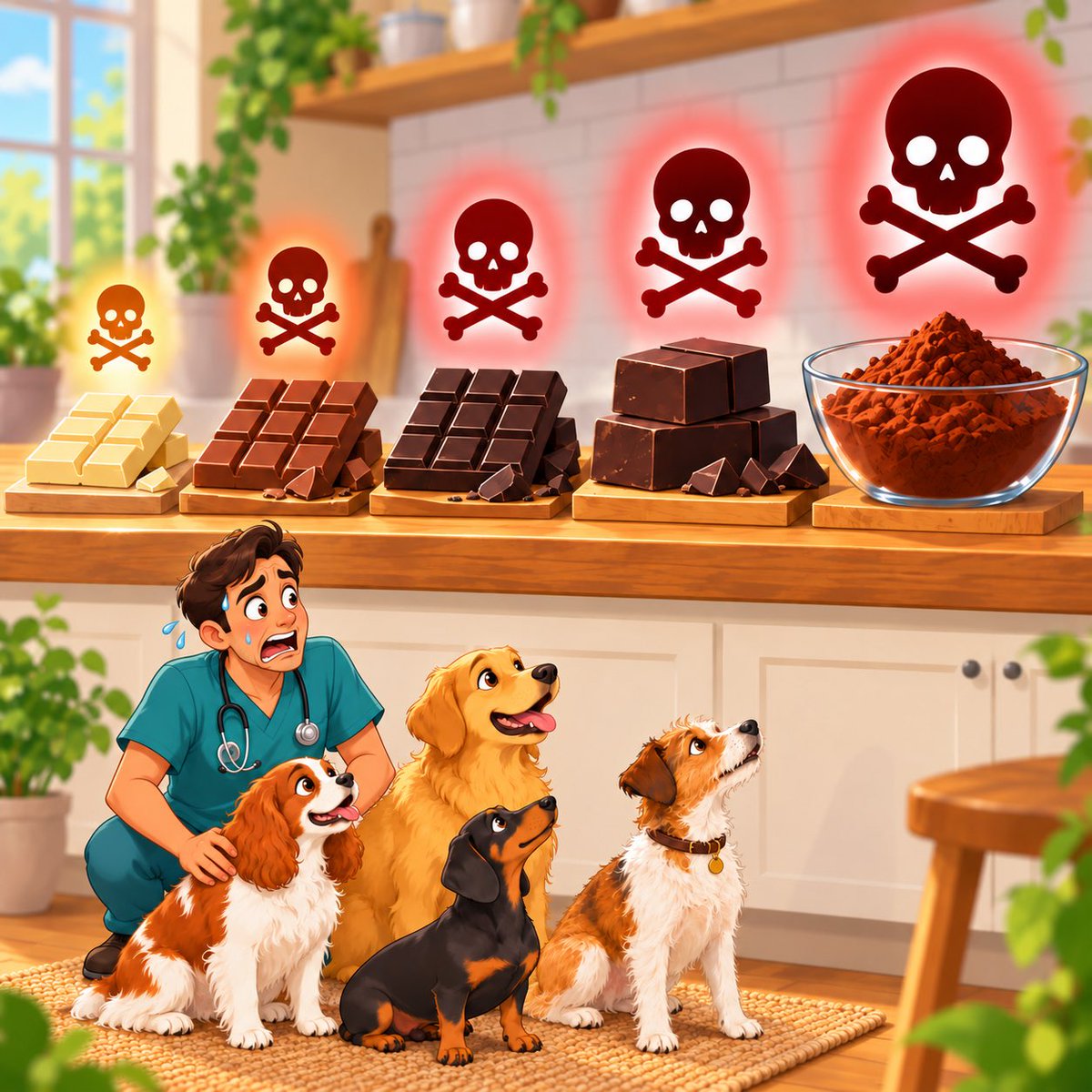 PawLineApp's tweet photo. Did you know not all chocolate poses the same risk to dogs? 

From lowest to highest chocolate-toxin concentration:

• White chocolate: almost no theobromine—the main toxin—but fat and sugar can still cause problems.
• Milk chocolate: less concentrated than dark, but can still cause poisoning in massive quantities.
• Dark chocolate: more concentrated, so smaller amounts can be dangerous.
• Baking chocolate: highly concentrated.
• Cocoa powder: generally the most concentrated of these.

The type, amount eaten and your dog’s weight all matter.

This is not your dog’s permission slip for a Snickers! 

If they sneak some, enter the brand or chocolate’s ingredient list and how much they ate into PawLine. With your pet’s profile saved, their weight and health details are already on hand to help estimate the risk and identify warning signs to watch for.