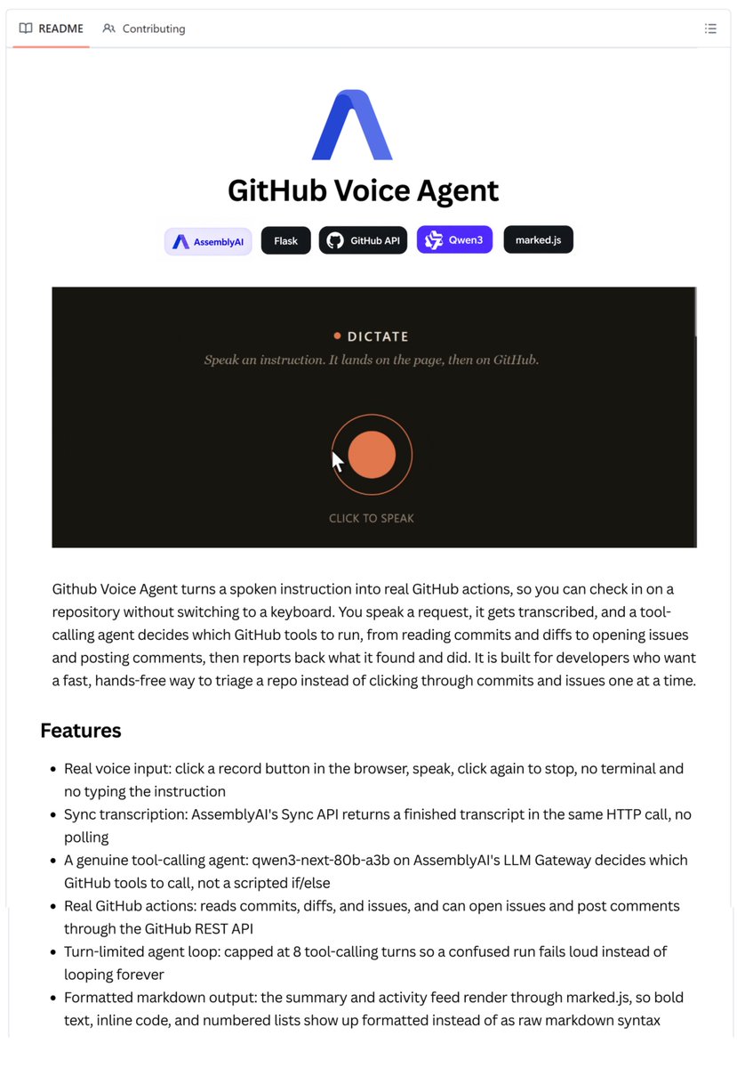 Voice GitHub Agent screenshot showing a spoken-instruction UI, tool stack badges, and feature list for transcript, tool calls, and GitHub actions