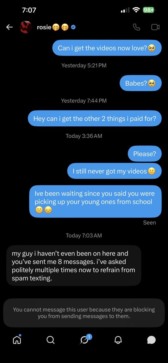 achievingheaven's tweet photo. I paid 30$ for 7 pics and 2 videos and never got my videos, now you’re getting fucking exposed, do not buy from this bitch @phatassrosie she also has kids and will not give you your shit she promised. https://t.co/MC9YNq5T7p