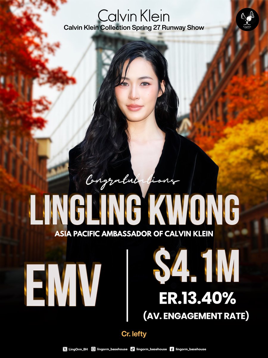 LingOrm_BH's tweet photo. 𝐂𝐨𝐧𝐠𝐫𝐚𝐭𝐮𝐥𝐚𝐭𝐢𝐨𝐧𝐬 𝐭𝐨 𝐋𝐢𝐧𝐠𝐥𝐢𝐧𝐠 𝐊𝐰𝐨𝐧𝐠 𝐨𝐧 𝐡𝐞𝐫 𝐄𝐌𝐕 𝐀𝐜𝐡𝐢𝐞𝐯𝐞𝐦𝐞𝐧𝐭 𝐚𝐭 𝐍𝐞𝐰 𝐘𝐨𝐫𝐤 𝐅𝐚𝐬𝐡𝐢𝐨𝐧 𝐖𝐞𝐞𝐤 𝐒𝐒𝟐𝟕 🎉🎉🎉

ขอแสดงความยินดีกับ “หลิงหลิง คอง” สำหรับยอด EMV จากงาน New York Fashion Week | Calvin Klein Spring/Summer Collection 2027 

👑 Lingling Kwong $4.1M (13.40%) 

เมื่อวันที่ 12 กันยายน 2569 พี่หลิงได้ร่วมชมแฟชั่นโชว์ของ Calvin Klein และได้สร้างมูลค่าทางสื่อ (EMV) สูงถึง 4.1 ล้านดอลลาร์สหรัฐ หรือมีมูลค่าประมาณ 136.62 ล้านบาท

ความสำเร็จอีกหนึ่งก้าวสำคัญในเส้นทางสายแฟชั่นพวกเราภูมิใจที่ได้เห็นพี่หลิงเปล่งประกายและได้ถ่ายทอดเสน่ห์ ความเป็นเอกลักษณ์ของพี่หลิงได้เป็นที่น่าจดจำบนเวทีระดับโลก ขอให้เส้นทางสายแฟชั่นของพี่หลิงเต็มไปด้วยโอกาสและความสำเร็จที่งดงามยิ่งขึ้นต่อไปนะคะ 

ขอขอบคุณ @CalvinKlein ที่ให้เกียรติเชิญพี่หลิงไปร่วมชมแฟชั่นโชว์ซึ่งเป็นประสบการณ์ที่มีคุณค่าของพี่หลิงและแฟนคลับมาก ๆ  ขอขอบคุณทีมงานทุกฝ่าย ทุกท่าน ที่ทำให้การเดินทางไปร่วมงานในครั้งนี้สำเร็จลุล่วงผ่านไปได้ด้วยดี และเหนือสิ่งอื่นใด ขอขอบคุณแฟน ๆ ทุกคนที่ร่วมเป็นส่วนหนึ่งของความสำเร็จในครั้งนี้ ไม่ว่าจะเป็นการร่วมเทรนด์ แชร์ ไลก์ และคอมเมนต์ แรงสนับสนุนในทุกรูปแบบ ความตั้งใจของทุกคนมีส่วนสำคัญในการสร้างอีกหนึ่งหน้าประวัติศาสตร์ที่น่าภาคภูมิใจของพี่หลิง พวกเราขอขอบคุณจากใจ และหวังว่าเราจะได้ร่วมสร้างอีกหลาย ๆ โมเมนต์ที่งดงามไปด้วยกันต่อไปนะคะ 💜

Credit : Lefty 

#LinglingKwongxCalvinKlein
#CalvinKleinSS27 #NYFW #NewYorkFashionWeek
#CalvinKlein #LinglingKwong
@linglingsirilak