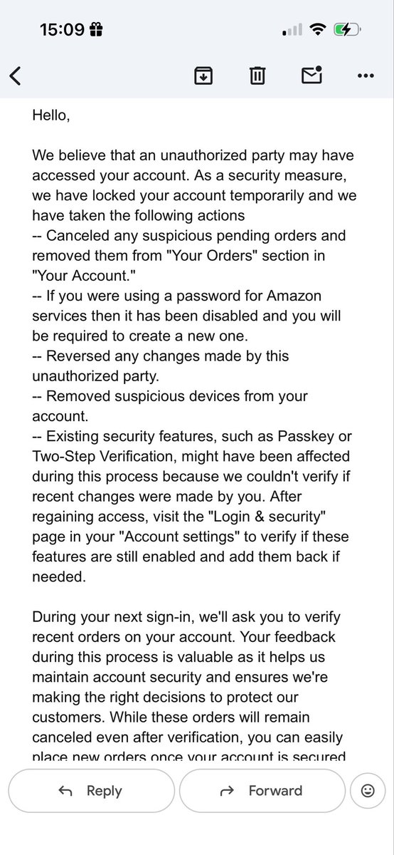 KarenHebdon's tweet photo. @AmazonHelp I have received this email twice now and each time I go in to regain access to my account it says no account found with my email address or phone number and asks me to create a new one …… https://t.co/roejRuztke