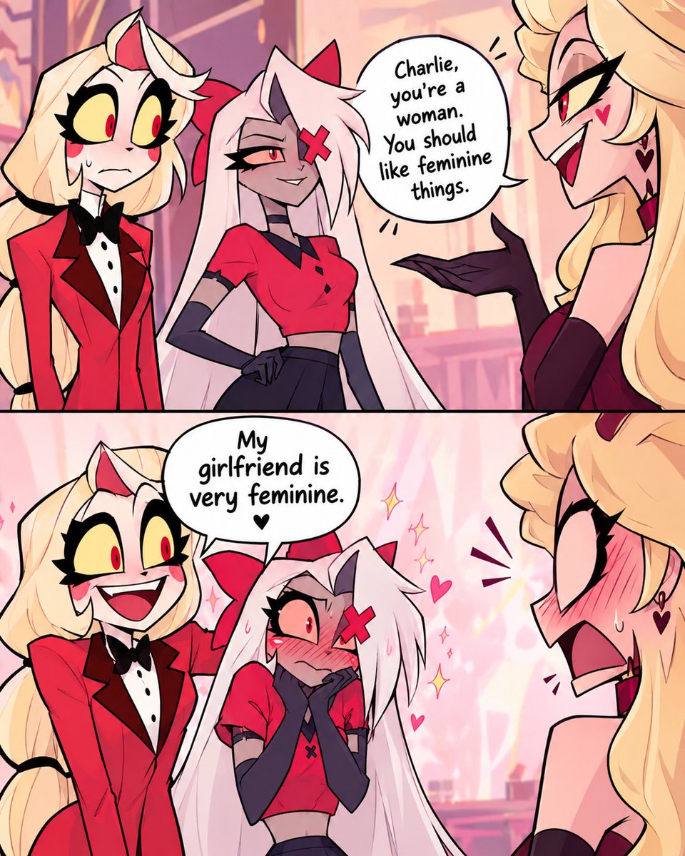LenaAsh03's tweet photo. Charlie really said “my girlfriend is very feminine” and Vaggie immediately forgot how to function 😭

Hazbin Hotel fans, this is SO them.

#hazbinhotelcomic  #Chaggie #HazbinHotelFanart https://t.co/EGGP85iuT7