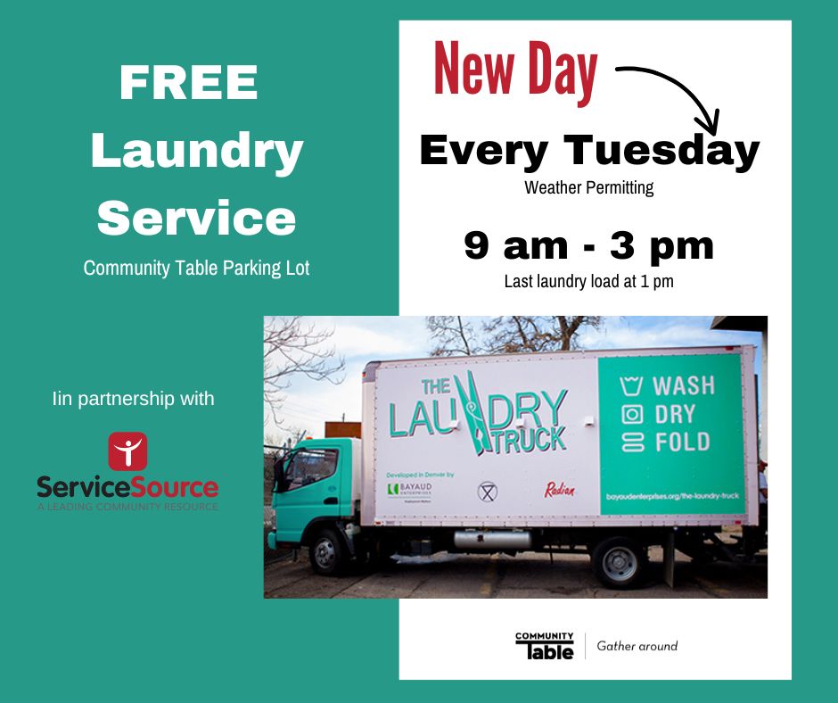 TheCoTableOrg's tweet photo. ServiceSource's laundry truck will be at Community Table every Tuesday from 9am to 3pm, weather permitting. The truck provides a safe, private place to wash clothes, along with detergent, bleach, and dryer sheets. Last load at 1:00 p.m. We've moved to 4600 W 60th Ave. https://t.co/0X5OC5h7eA