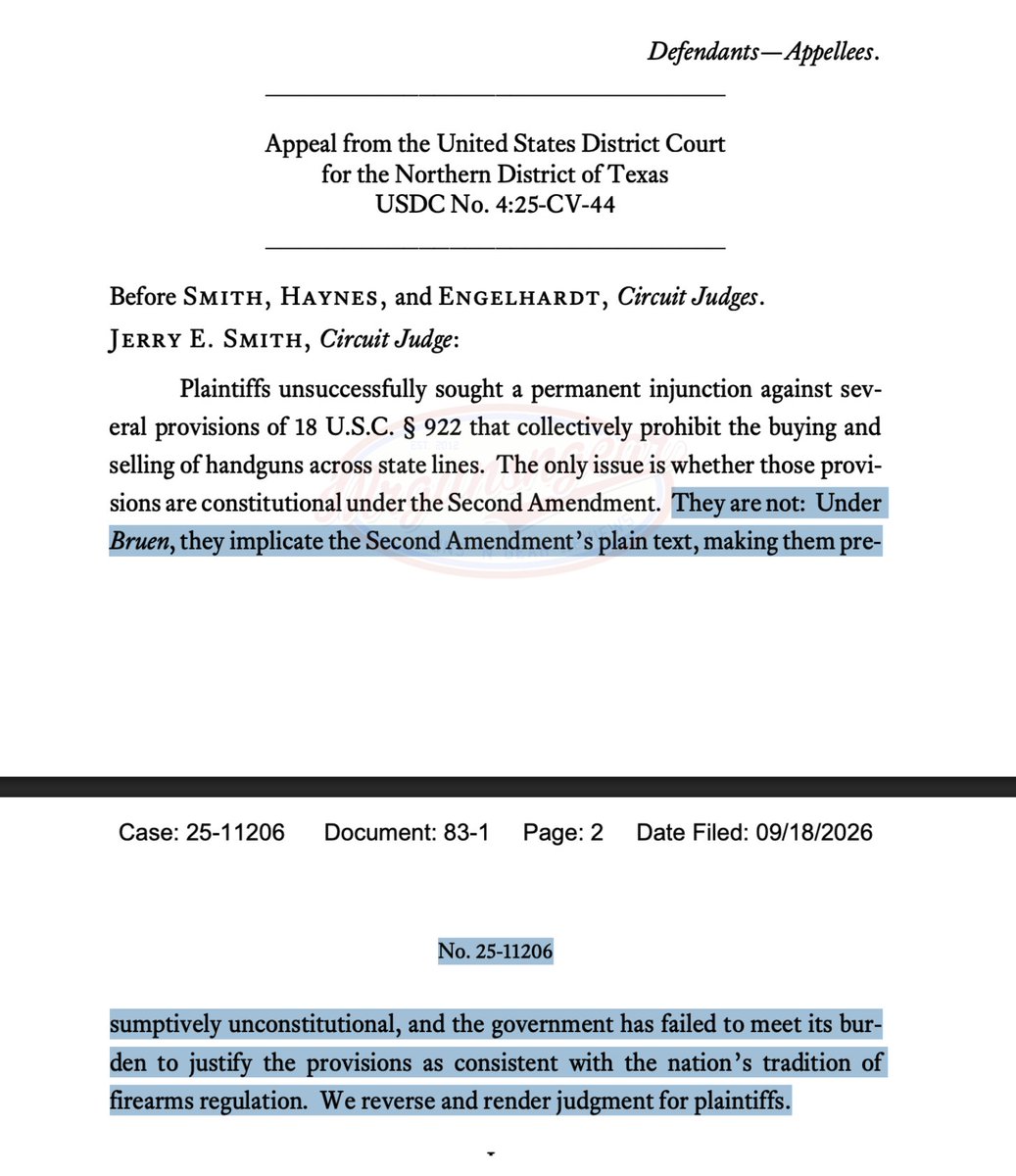 Mrgunsngear's tweet photo. The 5th Circuit ruled that restrictions on handgun sales across state lines (or to out of state residents, said differently) violates the 2nd Amendment.

Why?    Because it literally says "shall not be infringed."   It's right there in the Amendment but for some reason this took ~60 years to fix.    

Regardless, I'll take the win 🇺🇸

#CivilRights #2nd #2a