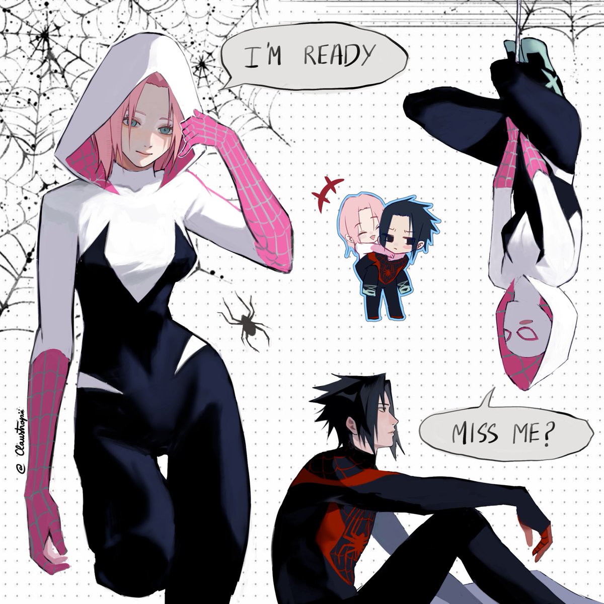 Claustropii's tweet photo. Sakura as Gwen (ft. Sasuke as Miles)

#Sakuraharuno #Spiderverse #sasusaku https://t.co/dx9K2QqWCY