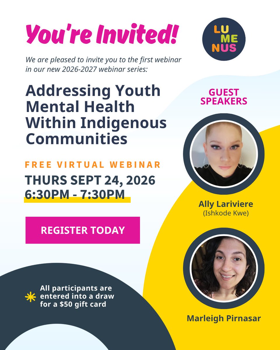 LumenusCS's tweet photo. Join the first webinar in our 2026-27 Webinar Series: Addressing Youth Mental Health Within Indigenous Communities. 📅 Sept. 24 🕡 6:30-7:30 PM 💻 Virtual ✅ Free🎁 Attend and be entered to win a $50 gift card! Register: https://t.co/EFTyvJtJJg https://t.co/AkBjVEULvd