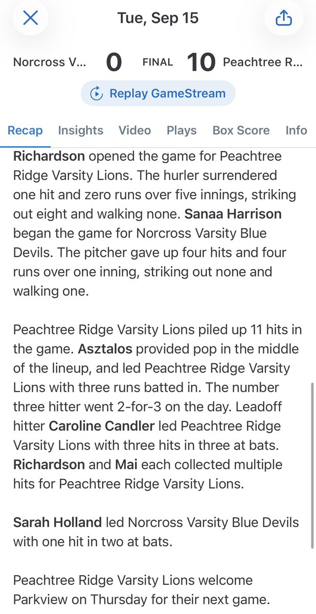 Jordyn_2029's tweet photo. Youth Night was one to remember! π₯π₯Finished the night with a 10-0 win over Norcross. Went 2-for-3 at the plate, collected multiple hits, and threw 5 shutout innings with 8 Ks and 0 walks. πͺπΌπΎ #YouthNight #Gameday #PeachtreeRidge #LadyLions #Softball #VarsitySoftball https://t.co/QkHFCxtJC9