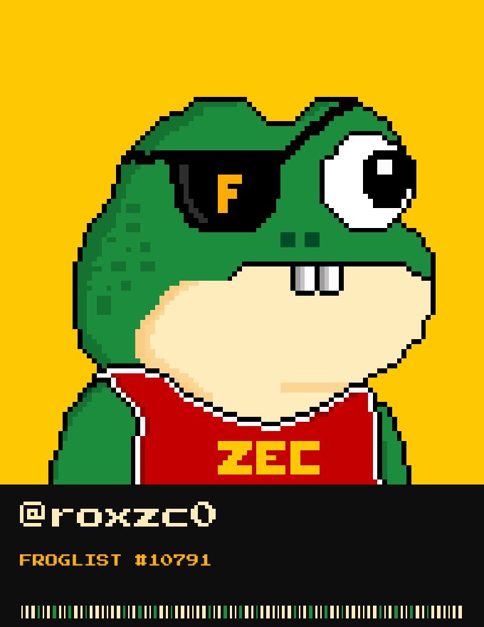 roxzc0's tweet photo. Just got on the @zecfrogs list 🐸
6,969 pixel frogs on ZEC. Free mint.
FROGLIST #10791 sealed. set your frog as your PFP to climb the list. #ZECFrogs $ZEC https://t.co/dDABbu2RBp