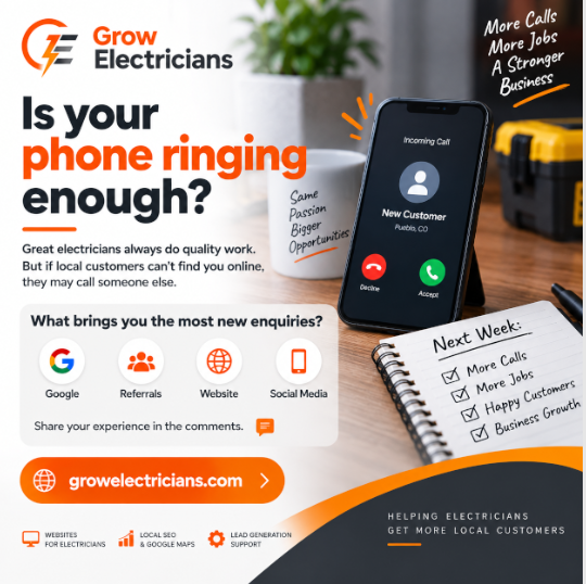 growelectrician's tweet photo. Electricians: Is your phone ringing enough? 
Facebook Group caption:
Great electrical work should bring in new customers, but keeping a steady flow of enquiries can be difficult.
What brings you the most new customers?
Google,Referrals,Website,Social Media
Share your experience https://t.co/Aish26eyyD