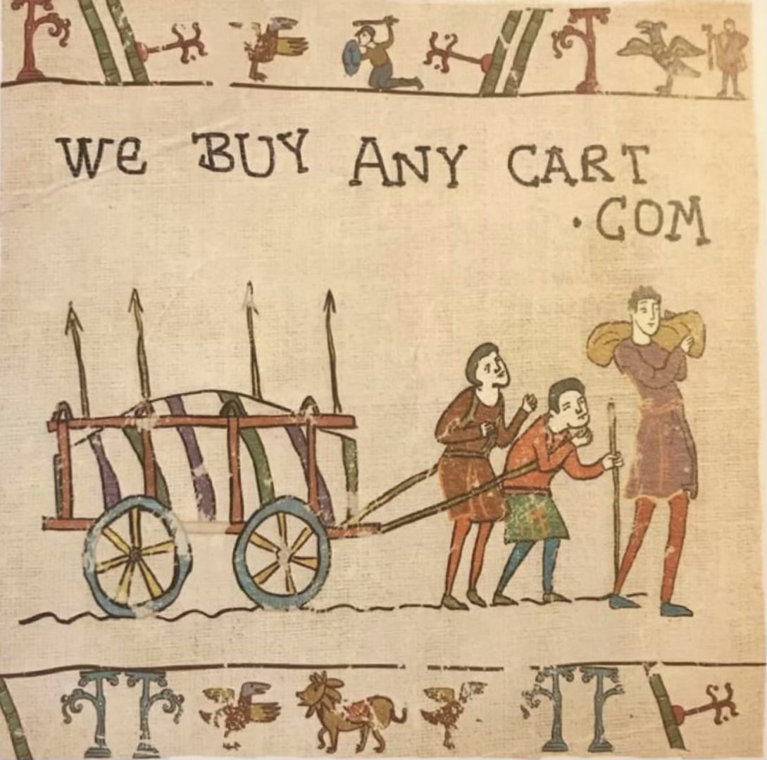 The_East_End's tweet photo. I don’t remember these advertisements in the Bayeux Tapestry… 

#eastend #history #humour #Bayeuxtapestry https://t.co/qrLE4XhjAT