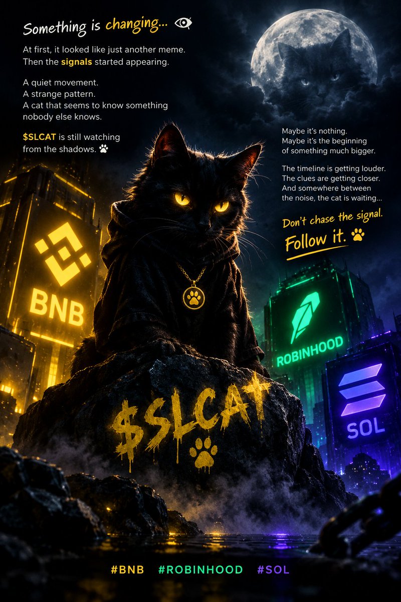 sleepinggcat's tweet photo. Something is happening… but the cat isn’t talking. 🐈‍⬛🌑

While everyone is watching the obvious moves, something else is quietly taking shape in the shadows.

No loud announcements.
No unnecessary noise.
Just signals.

$SLCAT is watching. 👁️

The next chapter may connect more dots than you expect.

BNB.
ROBINHOOD.
SOL.

Three names. One mystery.

And somewhere in the middle…

🐾 $SLCAT

If you’re seeing the signal early, you already know what to do.

Stay silent.
Stay curious.
Watch the cat.

Something is coming. 🌑🐈‍⬛

#SLCAT #BNB #ROBINHOOD #SOL