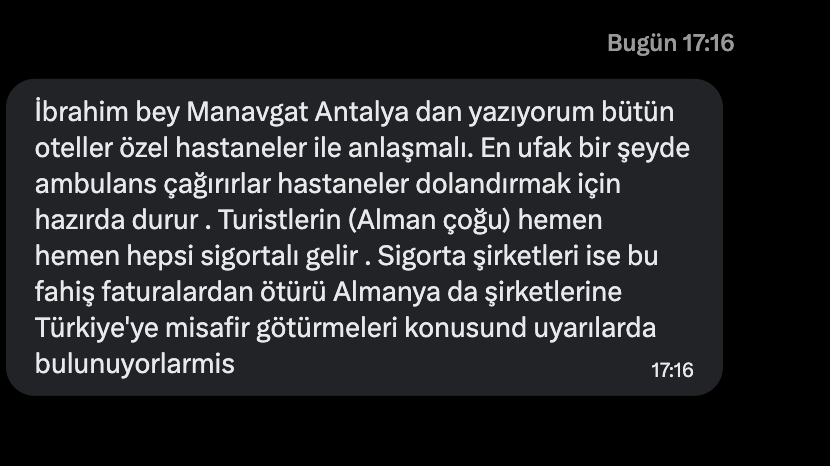 haskologlu's tweet photo. Türkiye'deki otellerin özel hastanelerle anlaşıp, Türkiye'ye gelen turistleri nasıl soyduğuna yönelik binlerce ihbar geliyor.

Bu sistem böyle giderse Türkiye, Avrupa'nın Hindistanı olarak anılacak.

Hiçbir kuruma mı bu ihbarlar gitmiyor? Bu kadarı da olmaz. https://t.co/1swQsv2SZO