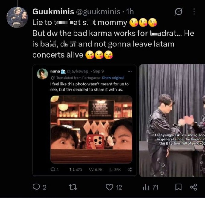 spotifyforV's tweet photo. Please protect your artist. @bts_bighit @BIGHIT_MUSIC @HYBEOFFICIALtwt 
The Latam show dates are fast approaching and the DTs Taehyung is receiving are becoming more and more frequent. 
We are scared of his safety and security.
We seek high protection for Taehyung. https://t.co/E3joiZma2B
