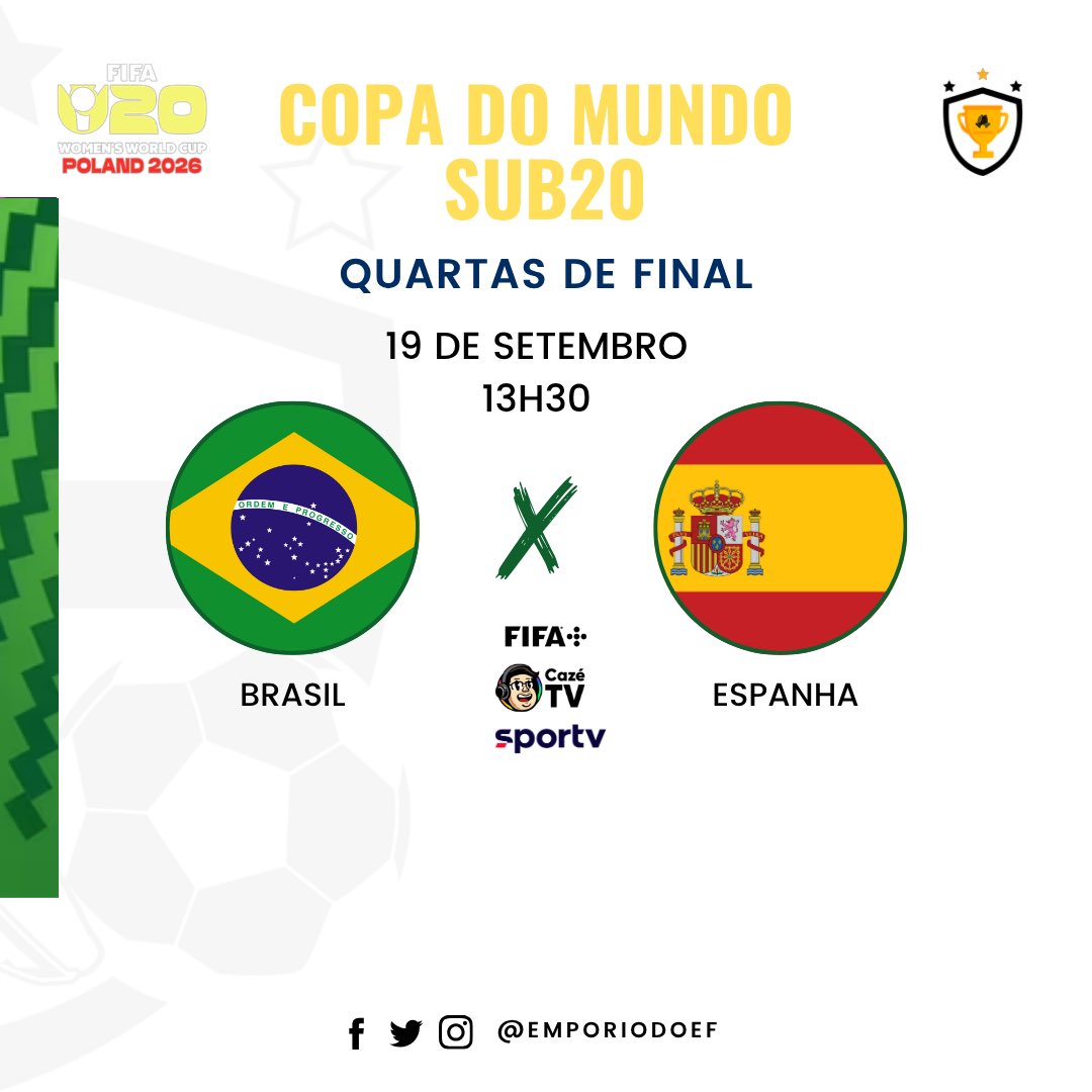 emporiodoef's tweet photo. DIAAAA DE DECISÃO PRAS MENINAS DESTE SOLO! 🇧🇷

Quartas de final do mundial sub20 contra a Espanha! Vamos por essa taça! Seleção entra em campo às 13h30 com transmissão da Cazetv e Sportv! Vamos apoiar! https://t.co/h4Z8X8tbti
