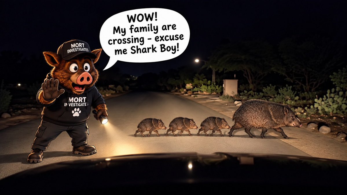 MorttheJavelina's tweet photo. 🚨 MORT FAMILY ALERT

Mark the Shark nearly turned last night’s investigation into a javelina family emergency.

Mort would like to remind all streamers that his relatives have the right of way.

Slow down, Shark Boy. 🐗🚨 https://t.co/Z2XnXzpTwU