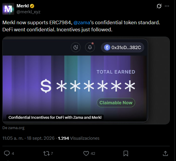 Fosky68's tweet photo. Si eres de los que están con la privacidad y andas dentro de los ERC7984 en #Merkl puedes revisar los protocolos que los incentivan.
Si no sabes lo que es ERC7984, básicamente se trata de los tokens confindenciales. Por ejemplo, el token ethereum:0xa12cc123ba206d4031d1c7f6223d1c2ec249f4f3 es un token ERC-20 de toda la vida de #Ethereum. Pero si lo que quieres es la versión confidencial debes usar su token ERC-7984, que sería $cZAMA (el Wrapper de ZAMA)
Lo bueno es que puedes pasar de uno a otro de manera privada y confidencial. Y puedes convertirlo nuevamente a un token ERC-20 (unshield), así como viceversa claro (shield)
Recuerdo cómo uno de los proyectos que más deseaba que saliera dentro de la cadena de $Cosmos se quedó a las puertas...o no? Antes andaba ilusionado con @namada, desconozco si ya incluso murió 😑