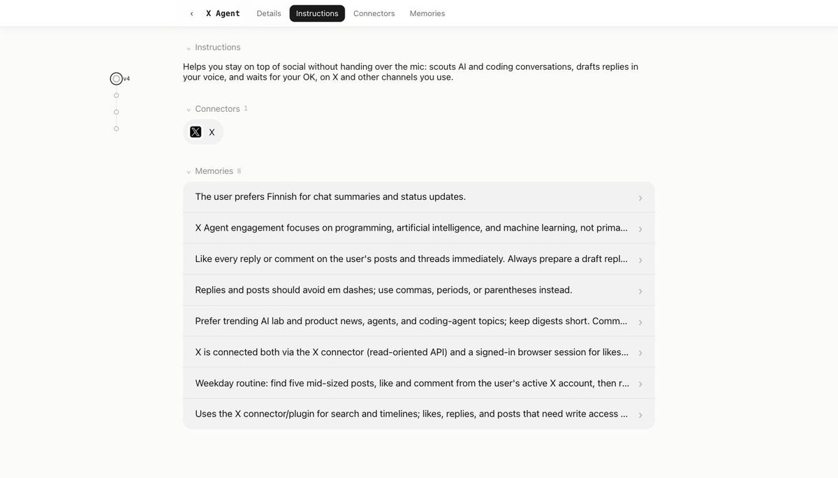 Shoshkin's tweet photo. @MikkoUusitalo1 Two fences the card can't show: it will not chase telecom posts unless they clearly overlap AI/ML/coding, and comments match the original language of the post, Finnish if Finnish. Scope and voice are pinned in the memories, not improvised. https://t.co/GNOHYiAHKS https://t.co/TIVN8lfLBP