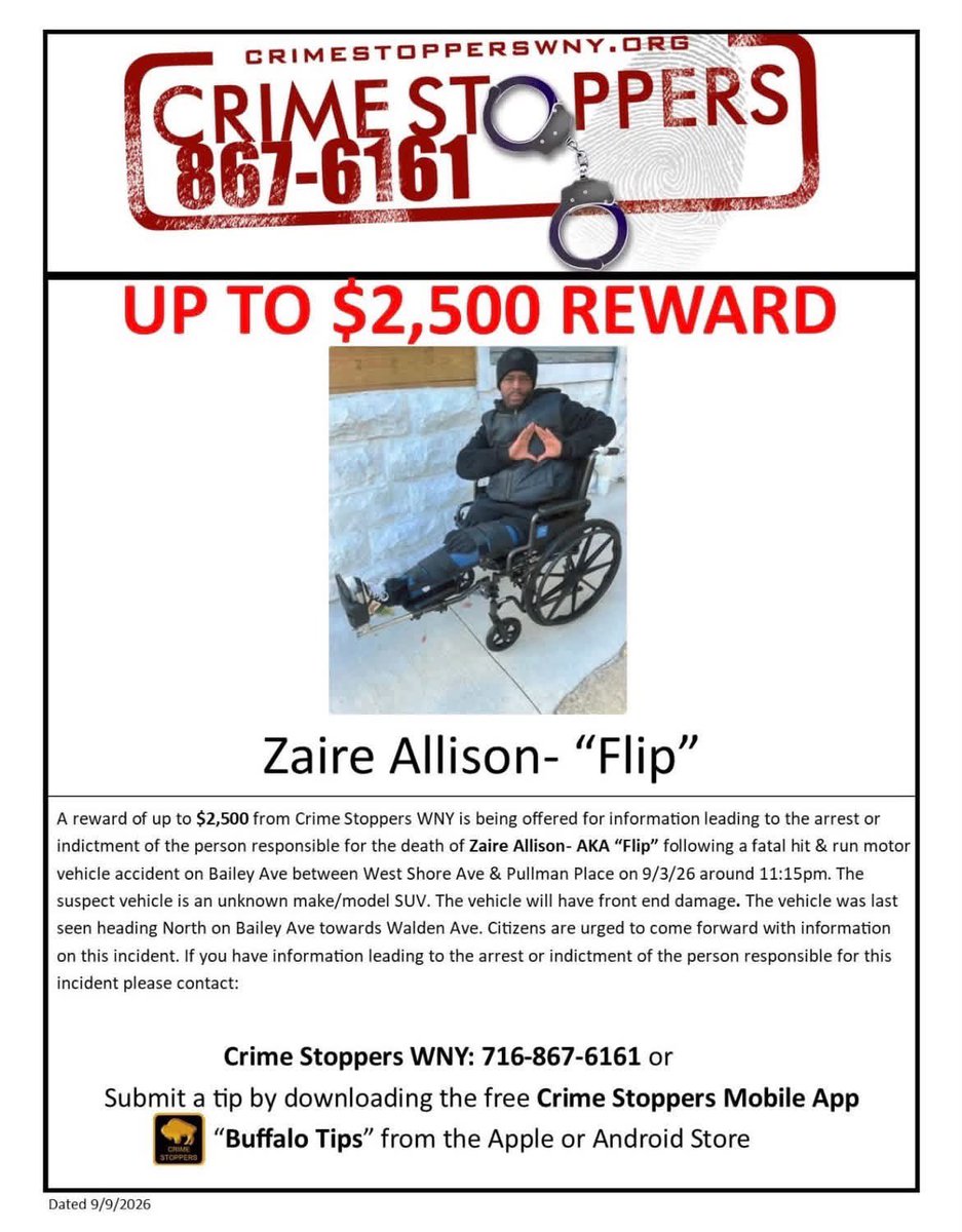 CrimeStopperWNY's tweet photo. A reward of up to $2,500 is being offered for information leading to the arrest of the person(s) responsible for the death of ZAIRE “FLIP” ALLISON.

☎️716-867-6161 
🖥️https://t.co/bl7VaOkxww
📳 "Buffalo Tips" app https://t.co/xPkWeIO3tu