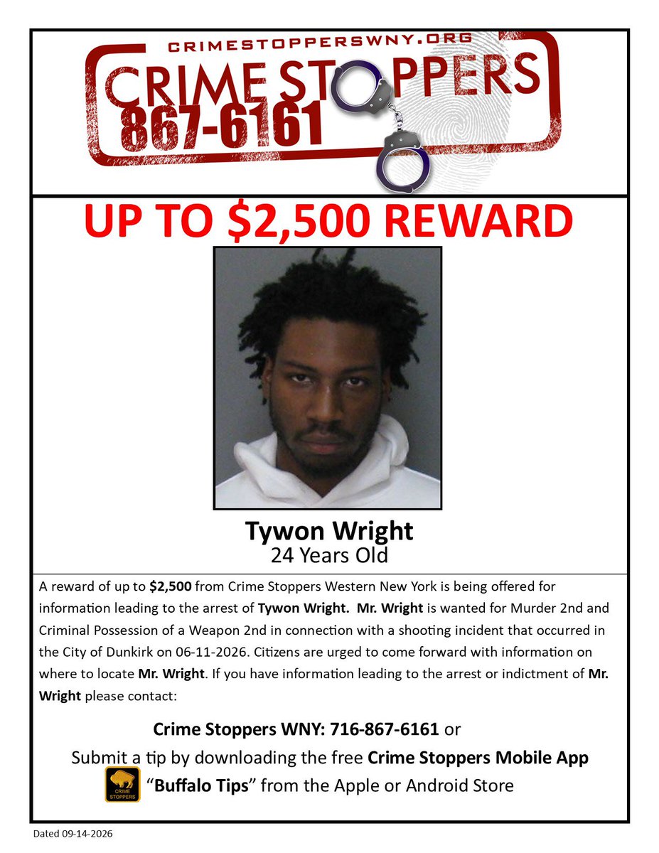 CrimeStopperWNY's tweet photo. A reward of up to $2,500is being offered for information leading to the arrest of TYWON WRIGHT.

☎️716-867-6161 
🖥️https://t.co/bl7VaOkxww
📳 "Buffalo Tips" app https://t.co/X2tKDmKyRu