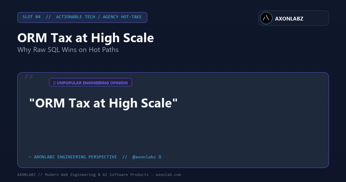 axonlabz's tweet photo. Hot take: Heavy ORMs become technical debt at scale.

N+1 query traps, object allocation overhead, and zero query plan visibility.

Use ORMs for internal admin tools. Write raw, indexed SQL for your hot paths. https://t.co/JZrDkyu55G