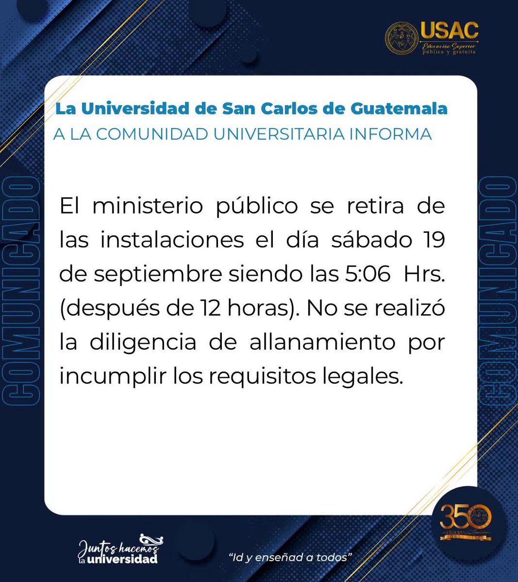eP_investiga's tweet photo. #Actualidad | En sus redes sociales la Usac asegura que el MP se retiró de la universidad sin ejecutar el allanamiento por “incumplir requisitos legales”. Sin embargo, el MP detalla que fue positivo el operativo y es por denuncias de eliminación de registros informáticos estudiantiles.