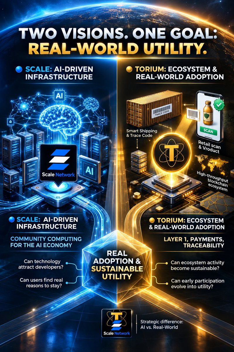 djmllssnHQ's tweet photo. Two projects. Two different strategies. One common challenge: turning early adoption into real utility.

In Web3, it’s easy to compare mining rates, referral systems or community numbers.

But those are only the starting point.

🔵 Scale Network is taking an infrastructure-focused approach, combining AI, distributed computing, data intelligence and Web3. The broader idea is to transform community-powered computing into infrastructure that can support the growing AI economy.

🔗 Join Scale:
👉 https://t.co/vlWKTNCyCy

🟡 Torium is taking a different route, building around a Layer 1 ecosystem, participation, payments and real-world applications such as product verification and traceability.

🔗 Join Torium:
https://t.co/t9SogCEHlz

The strategic difference is interesting:

Scale is positioning around the infrastructure powering AI.

Torium is positioning around blockchain infrastructure and real-world adoption.

Neither story is simply about mining.

The bigger question is what happens after the initial community growth:

Can the technology attract developers?
Can users find real reasons to stay?
Can the ecosystem generate sustainable activity?
And most importantly, can early participation evolve into long-term utility?

That's where I think the real comparison begins. 👀

📲 My Telegram:
https://t.co/VI1MTZFLkn

Two different visions. One metric that ultimately matters: adoption backed by utility.

@ScaleNetworkAI @ToriumNetwork
#ScaleNetwork #Torium #SCALE #TOR #AI #Layer1 #Web3 #DePIN