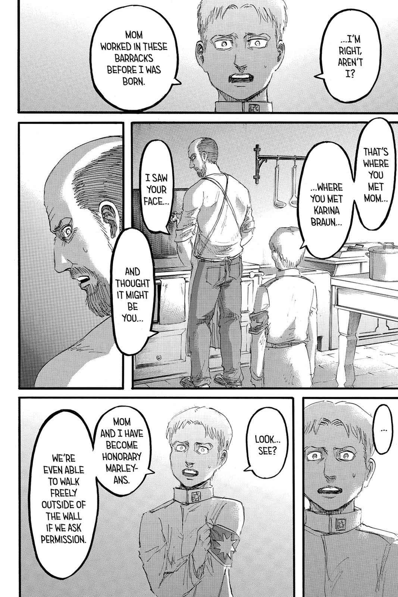 Wellthought7's tweet photo. I hate how people always take anything in this story at face value, of course racism is part of it but she would never do something that extreme without a bigger motive, what's that motive? the same one that made Reiner's father run away in these pages.. Read! I beg you. https://t.co/UuribSWdK3