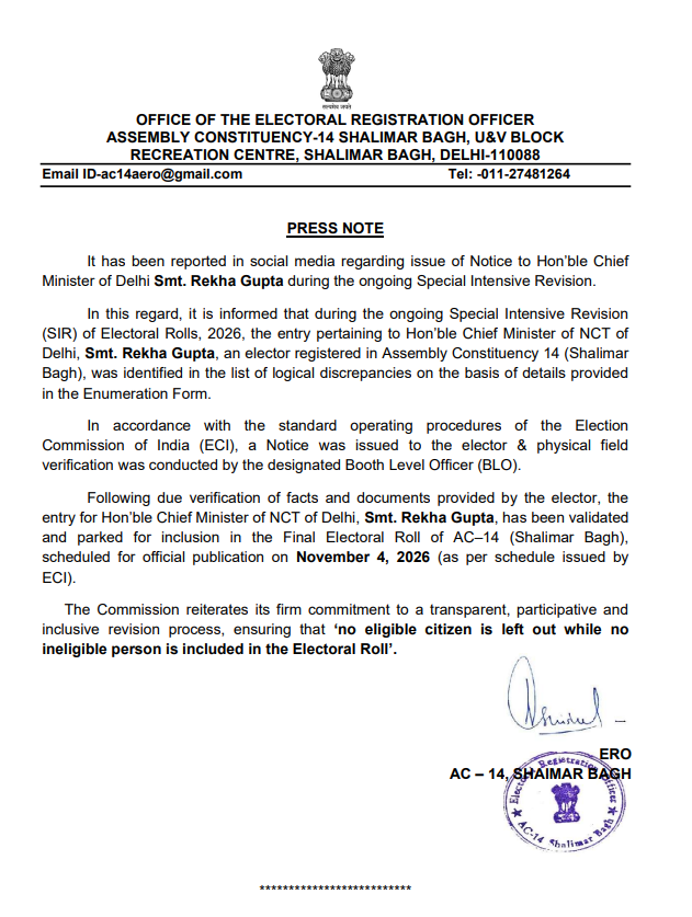 PTI_News's tweet photo. The Election Commission stated that a notice was issued to Delhi Chief Minister Rekha Gupta after her name appeared in the list of discrepancies during the ongoing SIR process.

Following verification of her facts and documents, her entry has been validated and will be included in the Final Electoral Roll for AC-14 (Shalimar Bagh), scheduled for publication on November 4th, 2026.