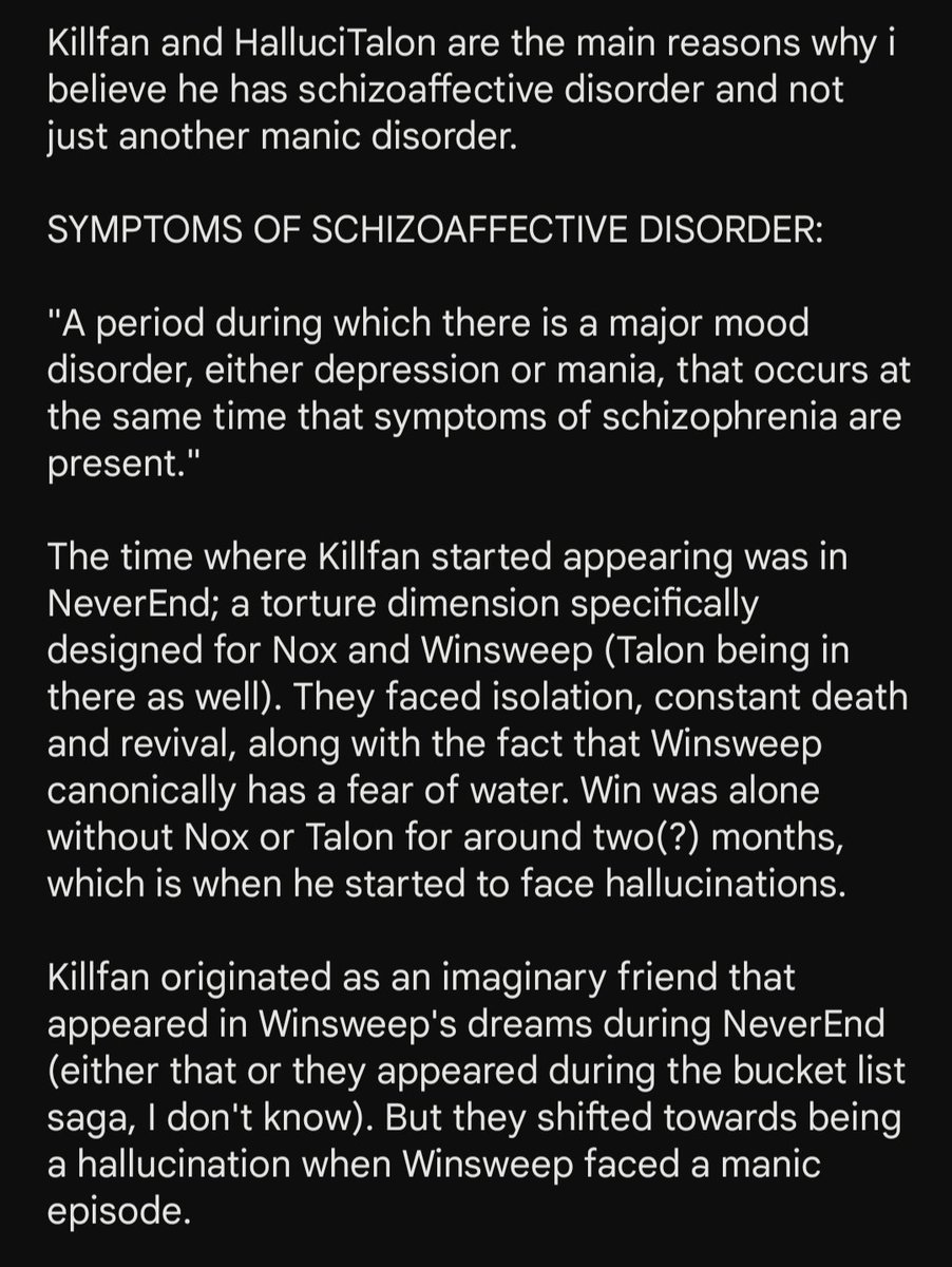 rottingab7ss's tweet photo. C!WINSWEEP ANALYSIS
i believe that c!winsweep has schizoaffective disorder, bipolar type.
explanation below
(please note that i am not a psychologist, nor do i have schizoaffective disorder, so this could be inaccurate. please correct me if it is!)
#contentsmp #winsweep https://t.co/ldOYCtrEuq