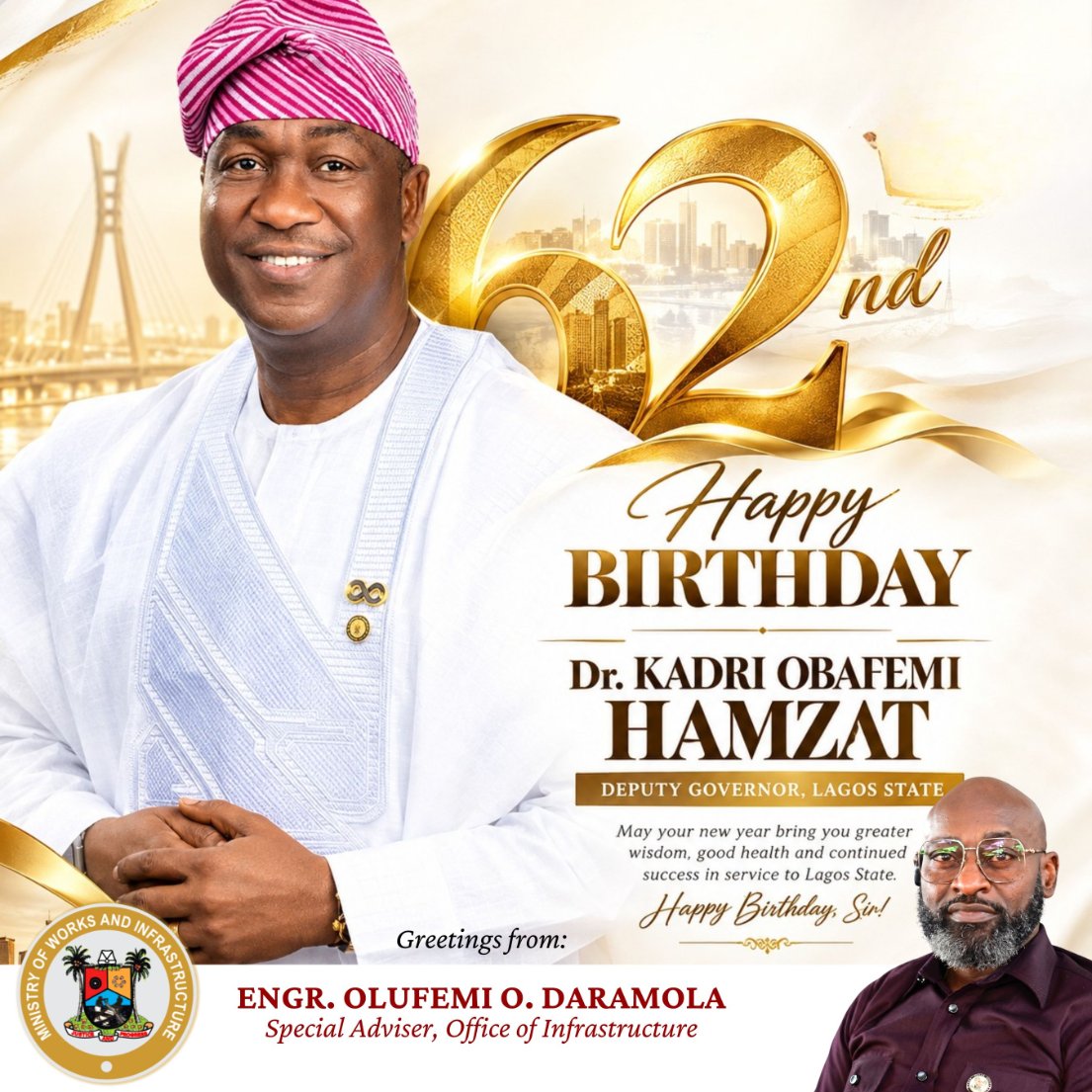 LASGWorks's tweet photo. HAPPY 62ND BIRTHDAY, SIR!.

May this new year bring you continued good health, wisdom, and greater impact.

@drobafemihamzat @AdekunleOlayin @kunleolayinka  @Engr_FDarams https://t.co/5NZPSEfI7J