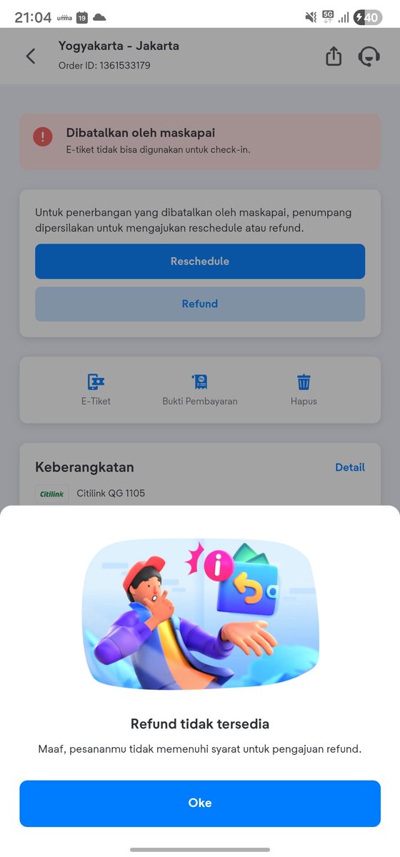putmelati's tweet photo. HALOO MIN @Citilink needs your help!
Pesawat ku harusnya flight dr JOG - HLP tgl  sep 19. Tapi dibatalkan karena alasan teknis, saya ganti flight pake flyjaya. 
Sudah ada pemberitahuan refund. Tapi kenapa pada saat saya coba refund malah tidak bisa ya. Tolong responnya, makasih https://t.co/18ie7sD830