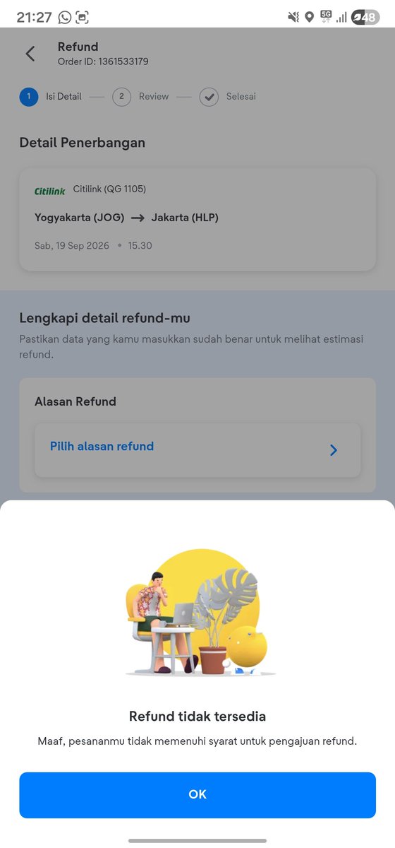 putmelati's tweet photo. HALOO MIN @Citilink needs your help!
Pesawat ku harusnya flight dr JOG - HLP tgl  sep 19. Tapi dibatalkan karena alasan teknis, saya ganti flight pake flyjaya. 
Sudah ada pemberitahuan refund. Tapi kenapa pada saat saya coba refund malah tidak bisa ya. Tolong responnya, makasih https://t.co/18ie7sD830