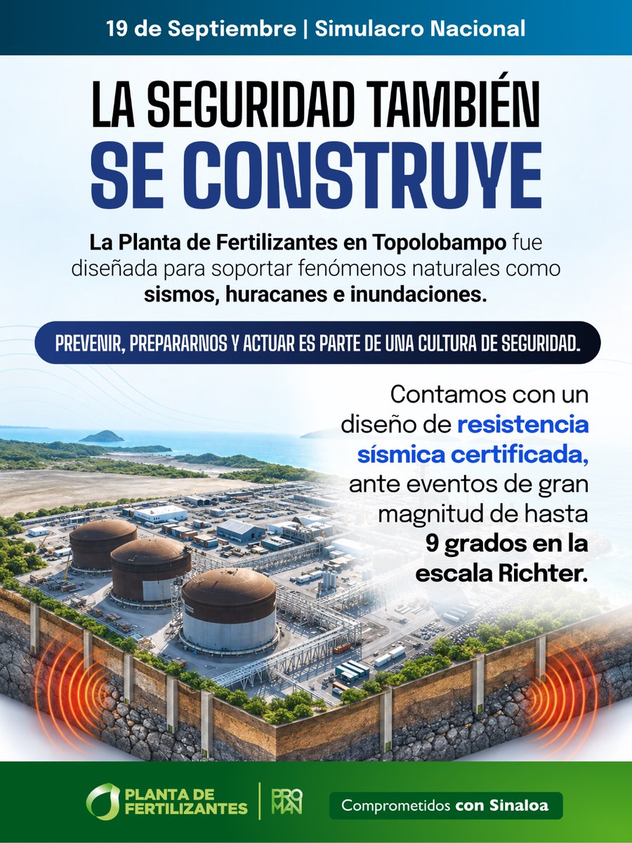 PlantaDeFertili's tweet photo. 🛡 La prevención también es seguridad.
Participa hoy en el #SimulacroNacional y recuerda qué hacer durante un temblor. Nuestra planta en Topolobampo está diseñada para resistir sismos de hasta 9 grados Richter.
#LaPrevenciónEsNuestraFuerza #ComprometidosConSinaloa https://t.co/LbhGStbqLj