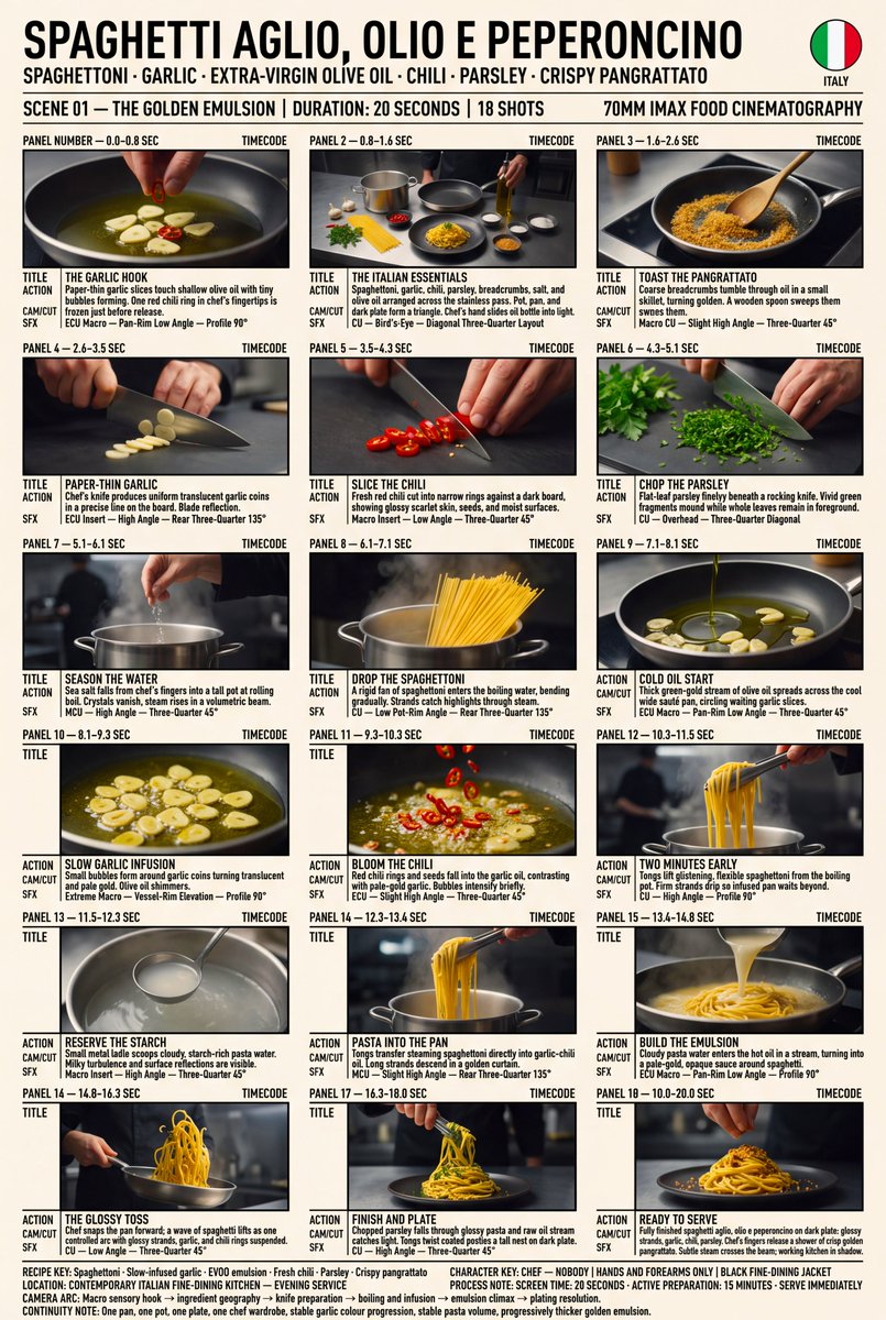 OleksaFrame's tweet photo. The simplest pasta may be the hardest one for AI to sell.

No heavy sauce to hide behind, only garlic, olive oil, chili, and glossy strands.

This is my 20-second aglio e olio test. Full prompt below. 👇 Did it make you hungry?
SCENE 1A — PREP → BOIL → INFUSE
SHOT STRUCTURE: 10 shots, 10 seconds, vertical 9:16, exactly as listed, no added shots.

REFS:
@Image1 = production storyboard. Controls recipe order, ingredients, cookware, chef hands with black sleeves, dark professional kitchen, light direction and food appearance only. Every shot uses fresh full-frame live-action composition; the printed grid and typography remain reference metadata.

GLOBAL STYLE NOTES:
setting: contemporary Italian fine-dining kitchen during evening service; stainless pass and active cookware isolated against a near-dark working kitchen with distant chefs in layered haze.
lighting_philosophy: focused diffused top-side light follows the active zone; soft volumetric backlight reveals steam and oil droplets.
color_grade: 70mm IMAX film still, large-format cinematography, epic dynamic range, ultra sharp fine grain, immersive cinematic scale, deep detail, f/16, deep focus, everything sharp front to back, anamorphic lens, edge-to-edge sharpness, soft lighting, low contrast, diffused light, hazy atmosphere, volumetric light, visible light in air, clean saturated shadows, controlled crisp blacks, healthy rich skin, vibrant midtones, glossy highlights, bright pop speculars, very high saturation, bold vivid palette.
characters: chef’s clean hands and forearms, black fine-dining jacket; keep wardrobe and anatomy identical throughout.
ambience: synchronized cooking SFX only—knife, boil, oil, steel and ventilation; music, voices and visible text stay absent.

SEQUENCE LIST:
SHOT 1 (0.0–0.7s) HOOK — ECU macro, pan-rim low angle, profile 90°, 29° short telephoto. Fast micro push-in as thin garlic touches olive oil, first bubbles race around it and a chili ring hovers above; close delicate sizzle. Exit on the ring shape. (MATCH CUT TO)

SHOT 2 (0.7–1.4s) — CU bird’s-eye, diagonal three-quarter, 47° standard. Short overhead drift across spaghettoni, garlic, chili, parsley, breadcrumbs, salt and EVOO as the chef slides the oil bottle into light; glass tap and pasta rustle. (CUT TO)

SHOT 3 (1.4–2.4s) — Macro CU high angle, three-quarter 45°, 29°. Lateral track follows a wooden spoon sweeping breadcrumbs through oil until irregularly golden, then into a steel bowl; granular scrape and crisp crackle. (CUTTING ON ACTION TO)

SHOT 4 (2.4–3.2s) — ECU high angle, rear three-quarter 135°, 29°. Slider follows the knife producing uniform translucent garlic coins; rhythmic board ticks. Exit on blade reflection. (MATCH CUT TO)

SHOT 5 (3.2–4.0s) — Macro low angle, three-quarter 45°, 29°. Locked frame as glossy red chili becomes narrow rings and seeds scatter; two crisp cuts. Exit on the knife gathering rings. (CUTTING ON ACTION TO)

SHOT 6 (4.0–4.8s) — CU overhead diagonal, 47°. Small clockwise orbit as a rocking knife finely chops parsley into a vivid green mound; rapid herb cuts. Boiling sound enters early. (J-CUT TO)

SHOT 7 (4.8–5.8s) — MCU high angle, three-quarter 45°, 47°. Tilt down with sea salt falling into rolling water; crystals vanish and steam fills the beam. Exit on downward salt motion. (MATCH ON MOVEMENT TO)

SHOT 8 (5.8–6.8s) — CU low pot-rim angle, rear three-quarter 135°, 47°. Controlled push-in as rigid spaghettoni fan into boiling water and bend gradually; boil surges and pasta rustles. (MATCH CUT TO)

SHOT 9 (6.8–7.8s) — ECU macro pan-rim low angle, three-quarter 45°, 29°. Slow lateral slide follows green-gold EVOO spreading across the cool sauté pan around waiting garlic; viscous pour. (CUT TO)

SHOT 10 (7.8–10.0s) SIGNATURE — Extreme macro vessel-rim elevation, profile 90°, 29°. Slow arc follows the pan swirl: controlled bubbles surround each garlic coin as it becomes translucent pale gold while staying flat and distinct. End with red chili rings entering the upper edge, suspended just before contact; fine sizzle holds into Part 2.
SCENE 1B — BLOOM → EMULSIFY → TOSS → SERVE
SHOT STRUCTURE: 9 shots, 10 seconds, vertical 9:16, exactly as listed, no added shots.

REFS:
@Image1 = production storyboard. Controls recipe order, ingredients, cookware, chef hands with black sleeves, dark professional kitchen, light direction, plating and finished-dish appearance only. Every shot uses fresh full-frame live-action composition; the printed grid and typography remain reference metadata.

GLOBAL STYLE NOTES:
setting: continue the identical Italian fine-dining kitchen, stainless pass, wide sauté pan, pasta pot and dark ceramic plate from Part 1.
lighting_philosophy: the same focused diffused top-side light follows pan and plate; volumetric backlight makes steam, sauce and falling crumbs readable.
color_grade: 70mm IMAX film still, large-format cinematography, epic dynamic range, ultra sharp fine grain, immersive cinematic scale, deep detail, f/16, deep focus, everything sharp front to back, anamorphic lens, edge-to-edge sharpness, soft lighting, low contrast, diffused light, hazy atmosphere, volumetric light, visible light in air, clean saturated shadows, controlled crisp blacks, healthy rich skin, vibrant midtones, glossy highlights, bright pop speculars, very high saturation, bold vivid palette.
continuity: begin with pale-gold garlic bubbling in EVOO and the same chili rings descending from Part 1; garlic colour, pasta quantity and utensil positions progress naturally. The completed plate appears only in the resolution.
ambience: synchronized cooking SFX only—oil, boil, tongs, pan, herbs, crumbs and ceramic; music, voices and visible text stay absent.

SEQUENCE LIST:
SHOT 1 (0.0–0.8s) — ECU slight high angle, three-quarter 45°, 29° short telephoto. Quick tilt follows descending chili rings as they land among pale-gold garlic; bubbles intensify briefly and crimson oil blooms. Exit on the rising sizzle. (HARD CUT TO)

SHOT 2 (0.8–1.8s) — CU high angle, profile 90°, 47° standard. Vertical tracking lift follows tongs pulling firm glistening spaghettoni from boiling water; droplets fall as the infused pan waits beyond. Exit on the downward drip. (CUT TO)

SHOT 3 (1.8–2.6s) — Macro high angle, three-quarter 45°, 29°. Tight follow move as a metal ladle scoops cloudy starch-rich water, then arcs toward the pan; water scoop and one clean drip. (MATCH ON MOVEMENT TO)

SHOT 4 (2.6–3.8s) — MCU slight high angle, rear three-quarter 135°, 47°. Curved track from pot to pan as tongs lower steaming spaghettoni into garlic-chili oil; strands descend in a golden curtain and land with a wet hiss. (CUTTING ON ACTION TO)

SHOT 5 (3.8–5.2s) SIGNATURE — ECU macro pan-rim low angle, profile 90°, 29°. Static macro holds while cloudy pasta water streams into hot oil and vigorous tong movement turns separate liquids into a pale-gold glossy emulsion coating every strand; bubbling and steel scrape. Exit on the first pan snap. (SMASH CUT TO)

SHOT 6 (5.2–6.8s) CLIMAX — CU low angle, three-quarter 45°, 47°. Fast push follows one controlled pan toss: the complete spaghetti wave rises in an arc with distinct glossy strands, garlic coins and chili rings, then lands into silky sauce; pan scrape and soft sauce slap. Exit on the circular landing motion. (MATCH CUT TO)

SHOT 7 (6.8–8.0s) — CU high angle, three-quarter 45°, 47°. Slow clockwise orbit as chopped parsley and a thin raw-EVOO stream fold through the pasta, then tongs twist it into a tall clean nest on the dark plate in one continuous action; herb fall and ceramic contact. (CUT TO)

SHOT 8 (8.0–8.8s) — Macro slight high angle, profile 90°, 29°. Gentle lateral move follows the chef’s fingers releasing a narrow shower of crisp golden pangrattato over the pasta peak; individual crumbs remain airborne. Exit as the hand clears frame. (L-CUT TO)

SHOT 9 (8.8–10.0s) RESOLUTION — Hero CU low angle, three-quarter 45°, 29°. The finished aglio, olio e peperoncino sits unobstructed: glossy separate spaghettoni, translucent pale-gold garlic, red chili, parsley and crisp crumbs. Gentle push-in becomes a locked final hold while subtle steam crosses the light and kitchen ambience recedes.
