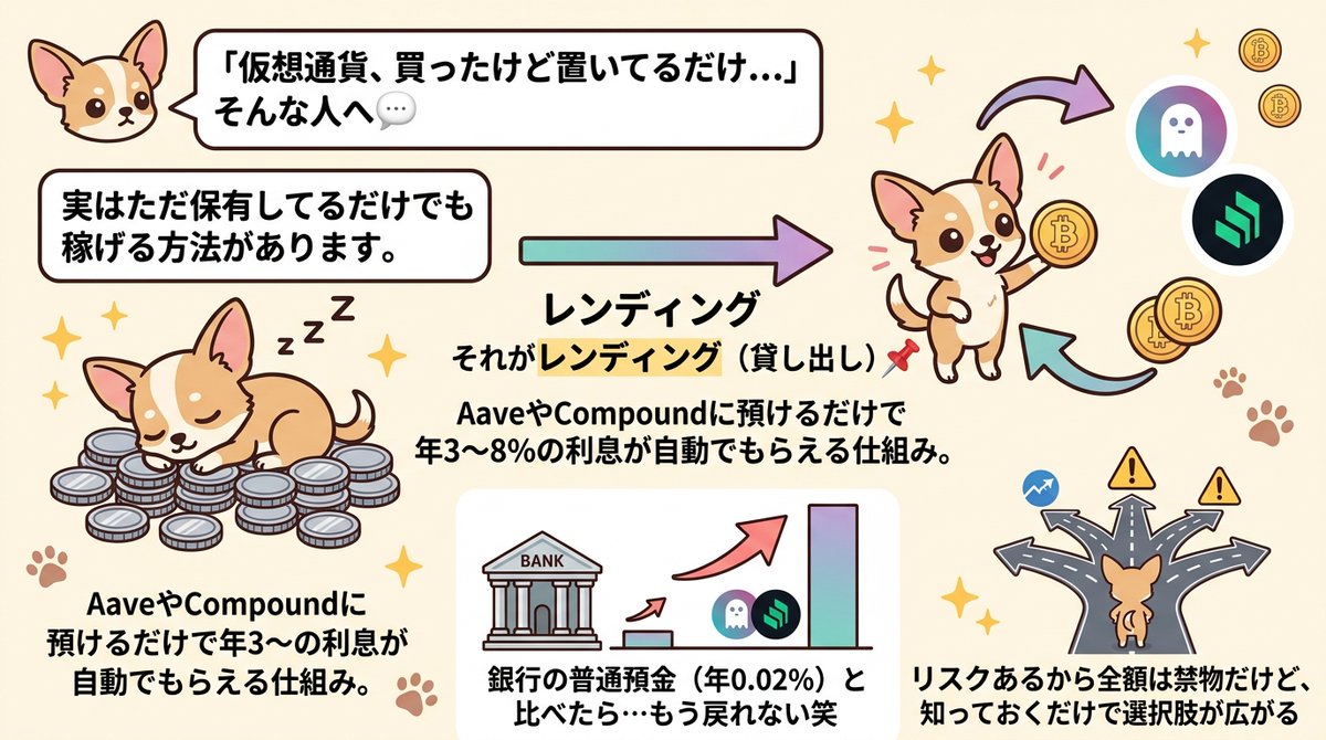 Ems3Ecq's tweet photo. 「仮想通貨、買って置いてるだけ…」そんな人へ

保有してるだけで稼げる

レンディング（貸し出し）

AaveやCompoundに預けるだけで
年3〜8%の利息がもらえる

��スクもあるから全額は禁物だけど
知っておくだけで選択肢が広がる

参考になったらフォローお願いします
#RWA
#レンディング #仮想通貨 https://t.co/HjJLKsRlAq