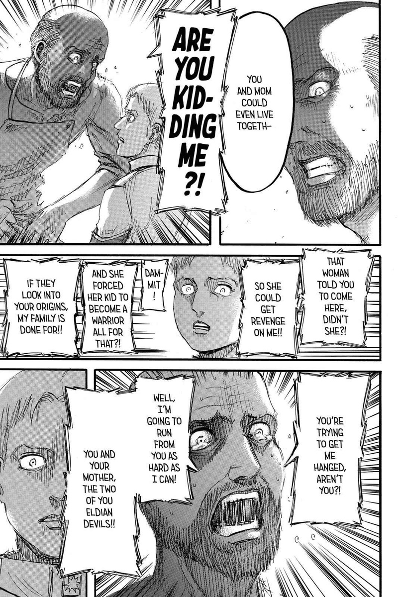 Wellthought7's tweet photo. I hate how people always take anything in this story at face value, of course racism is part of it but she would never do something that extreme without a bigger motive, what's that motive? the same one that made Reiner's father run away in these pages.. Read! I beg you. https://t.co/UuribSWdK3
