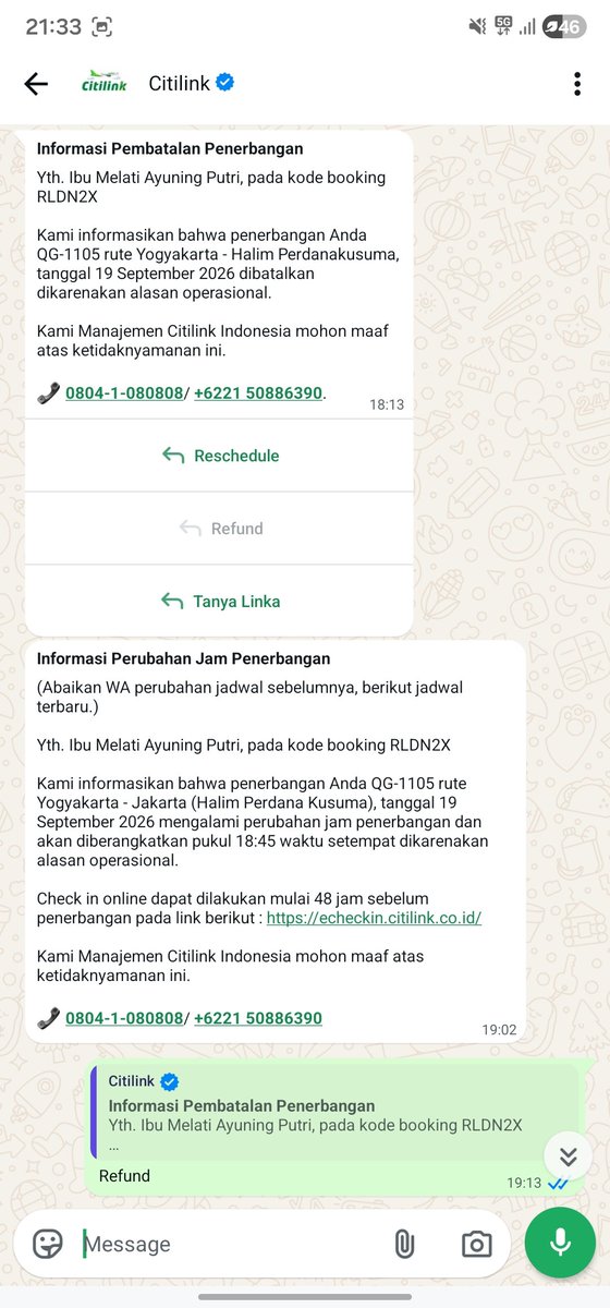 putmelati's tweet photo. @Citilink @Citilink @tiket ini juga sudah ada pemberitahuan di whatsapp tapi kenapa tidak bisa refund. Padahal sudah jelas di cancle dan saya tidak melanjutkan penerbangan. Saya flight pakai maskapai lain https://t.co/c4emAYJjZd