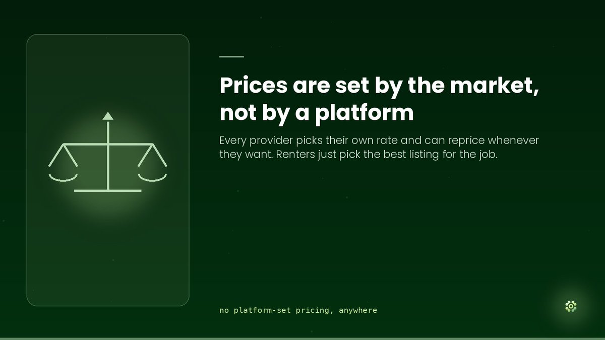 Rentnodeweb's tweet photo. Nobody sets prices here but the providers themselves. Each one prices their own machine and can adjust it anytime,what you see on the shelf is real competition, not a rate card written by a platform. https://t.co/zRSaKw3k3O