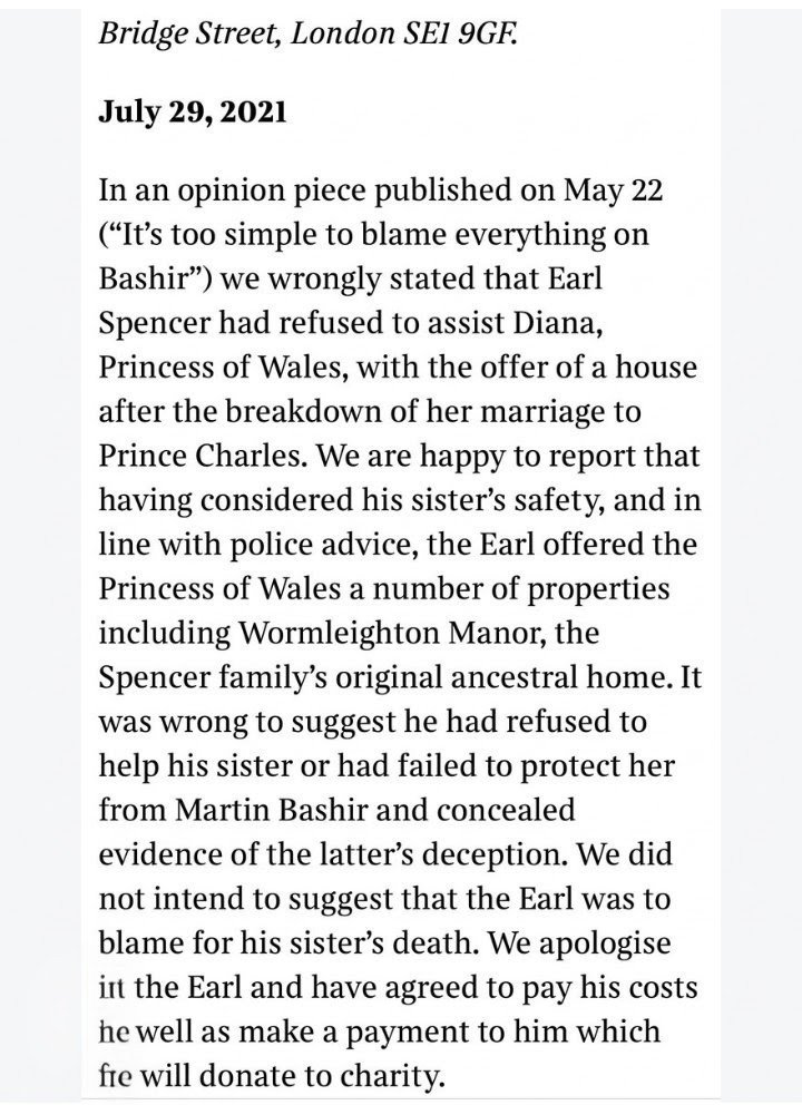 PumlaMajali's tweet photo. I see the "royal experts"  duo-the Dickies are at it again &amp; as always they spew untruths. Charles Spencer sued the Associated Press about this very lie (he denied Diana a place to stay) and won and here's the apology that was issued then. https://t.co/DatHr7Szx0