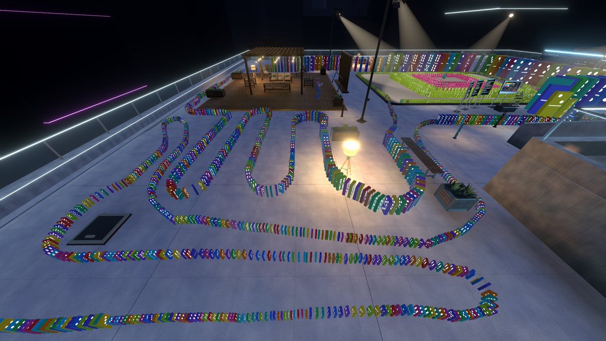 RR_vrchat's tweet photo. VRChat ワールド「DominoRooftop」を公開しました。

サイバーパンクな夜景に囲まれた屋上で、協力してドミノ倒しをするワールドです。
音楽を流しながら、ソファでだらだらしながらでも遊べます。
・杖で指した場所に置くだけ
・50 連鎖と 100 連鎖で新しいステージが解放
・駒の大きさは 5 cm 刻みで、最大 4 m まで
・倒れた駒は積み木として積んだり投げたりできます
・操作方法は HUD に出るので、特に説明を読まなくて大丈夫です

最終目標は 3000 連鎖です。ぜひ挑戦してみてください。
#VRChat #VRChatワールド紹介 #VRChat_world紹介
リンクは↓