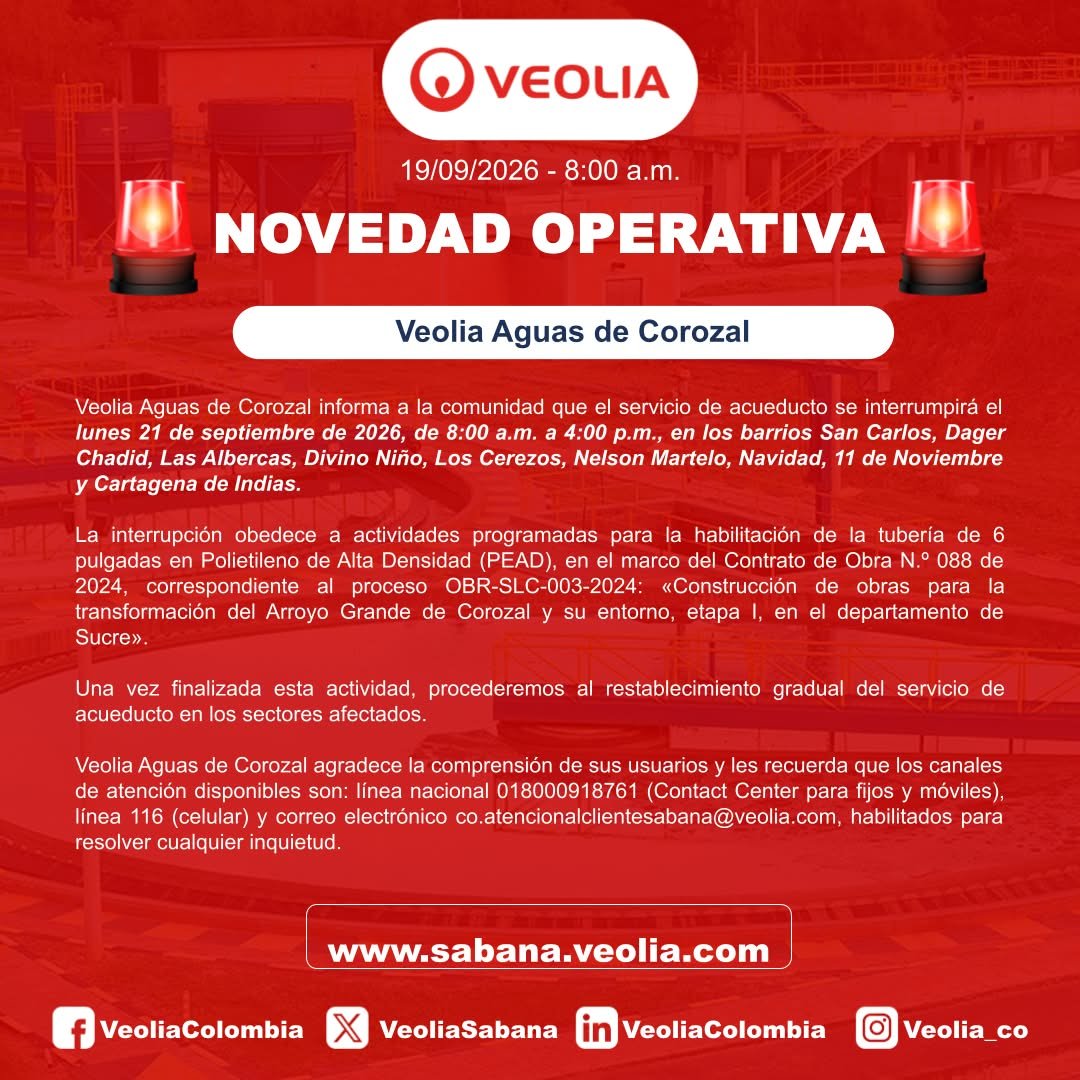 VeoliaSabana's tweet photo. Trabajamos para mejorar tu servicio de acueducto en Corozal. El lunes 21 de septiembre de 8:00 a.m. a 4:00 p.m, realizaremos obras de modernización que requerirán la suspensión temporal del servicio en varios sectores. Cualquier inquietud, llama a la línea 116 o al 018000 918761. https://t.co/Oh0rwmRre1
