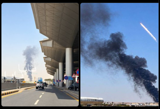 Xpoliton's tweet photo. Images and video have been shared showing smoke billowing from structures at King Khalid International Airport in Riyadh after a nighttime barrage of ballistic missiles launched by the Houthis. https://t.co/OElQ0dZ1Qd