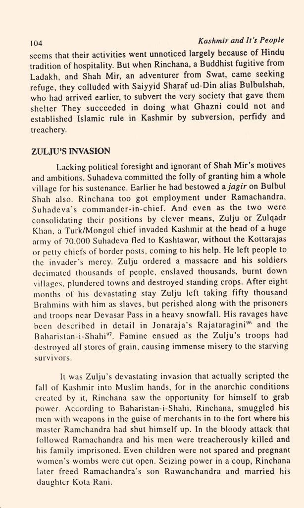 Gurjjaranrpati's tweet photo. In 1320 CE, Zulqadr Khan, a Tatar-Mongol chieftain invaded Kashmir with unrivalled brutality. 

For 8 months, he committed a huge slaughter of Kashmiris massacring thousands regularly.

At the end, he carried away 50,000 Kashmiri Ponga (Brahmin) men, women &amp; children as slaves. https://t.co/MnYHVq5LZ5