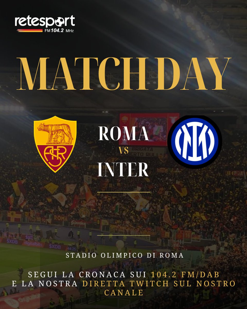 ReteSport's tweet photo. 🔴LIVE dalle 17:00 il racconto di tutte le emozioni di #RomaInter, 5° giornata di #SerieA dall'Olimpico

Sui 104.2 FM e sulle altre frequenze regionali, ma anche su App, sito, Twitch, Alexa DAB, Google Home https://t.co/XY4cX3yJFR