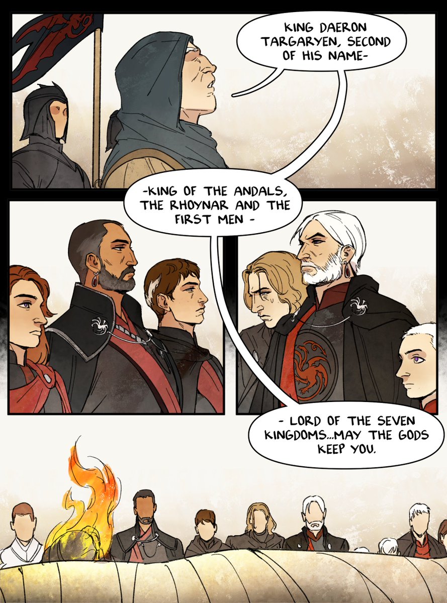 bluegiragi's tweet photo. canon divergence au where baelor survives his head wound at ashford and maekar is punished by the king by being commanded to stay at summerhall.

some time later, the king dies and the brothers reunite at his funeral. (1/3) #akotsk #asoiaf https://t.co/fcZvQSuc9e