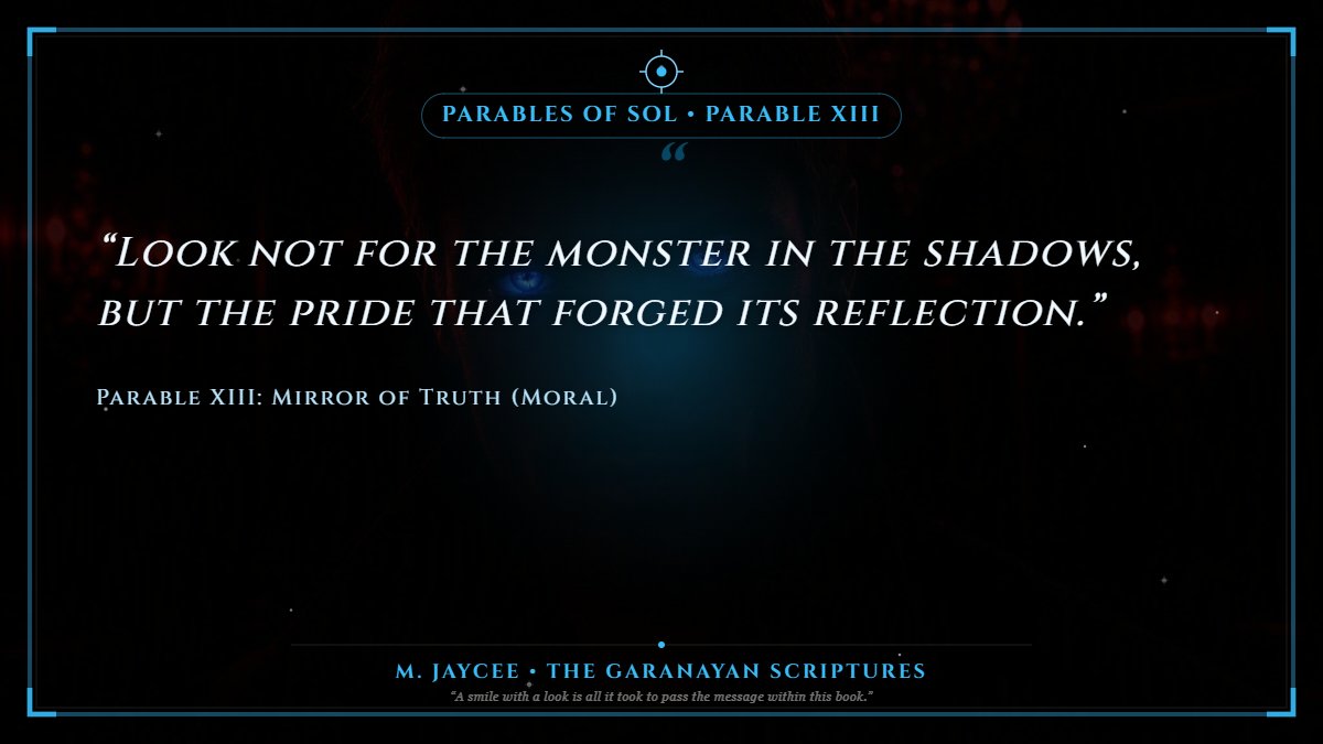 GaranayanIO's tweet photo. “Look not for the monster in the shadows, but the pride that forged its reflection.”

Parable XIII of Sol teaches us that true freedom begins when we stop defending our delusions.

Have the courage to look into your own mirror with love and honesty today.

https://t.co/A4eVYMZ1MN

#ParablesOfSol #SelfAwareness #Mindfulness #ShadowWork